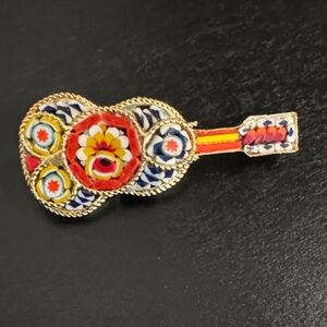 Vintage Italian Micro Mosaic Colorful Gold Tone Guitar Brooch Pin